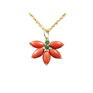 14k Gold Italian Marquise Coral & Tsavorite Floral Pendant