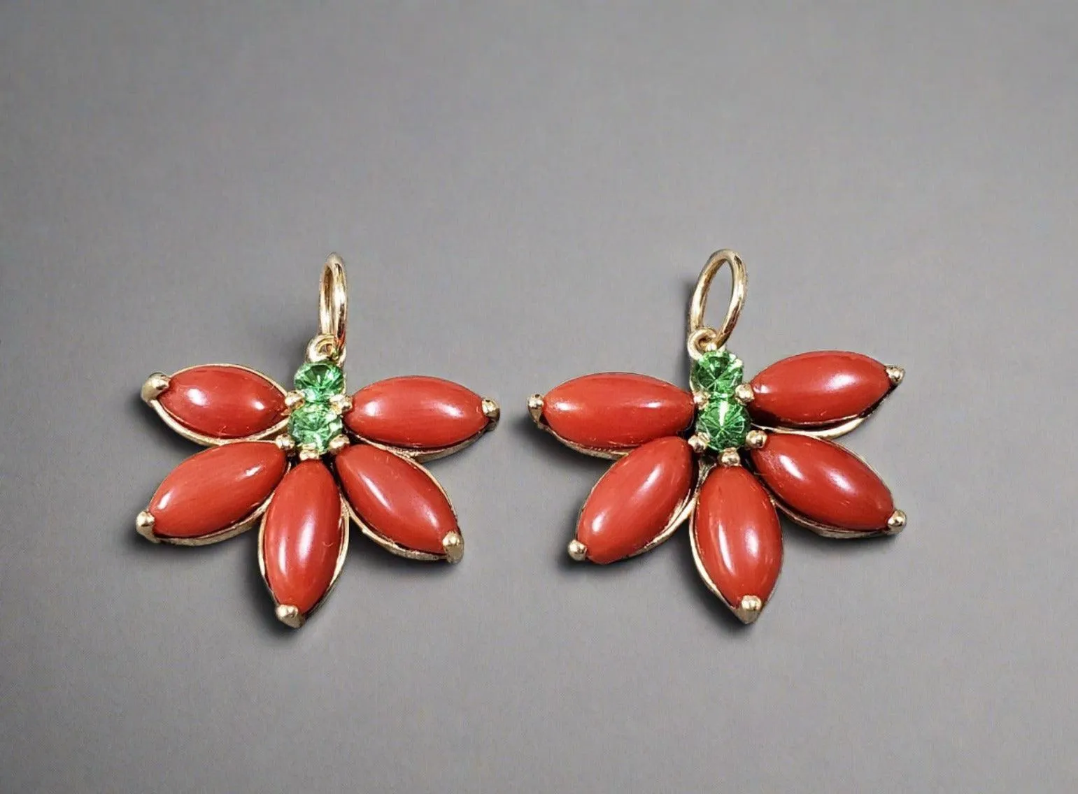 14k Gold Italian Marquise Coral & Tsavorite Floral Pendant