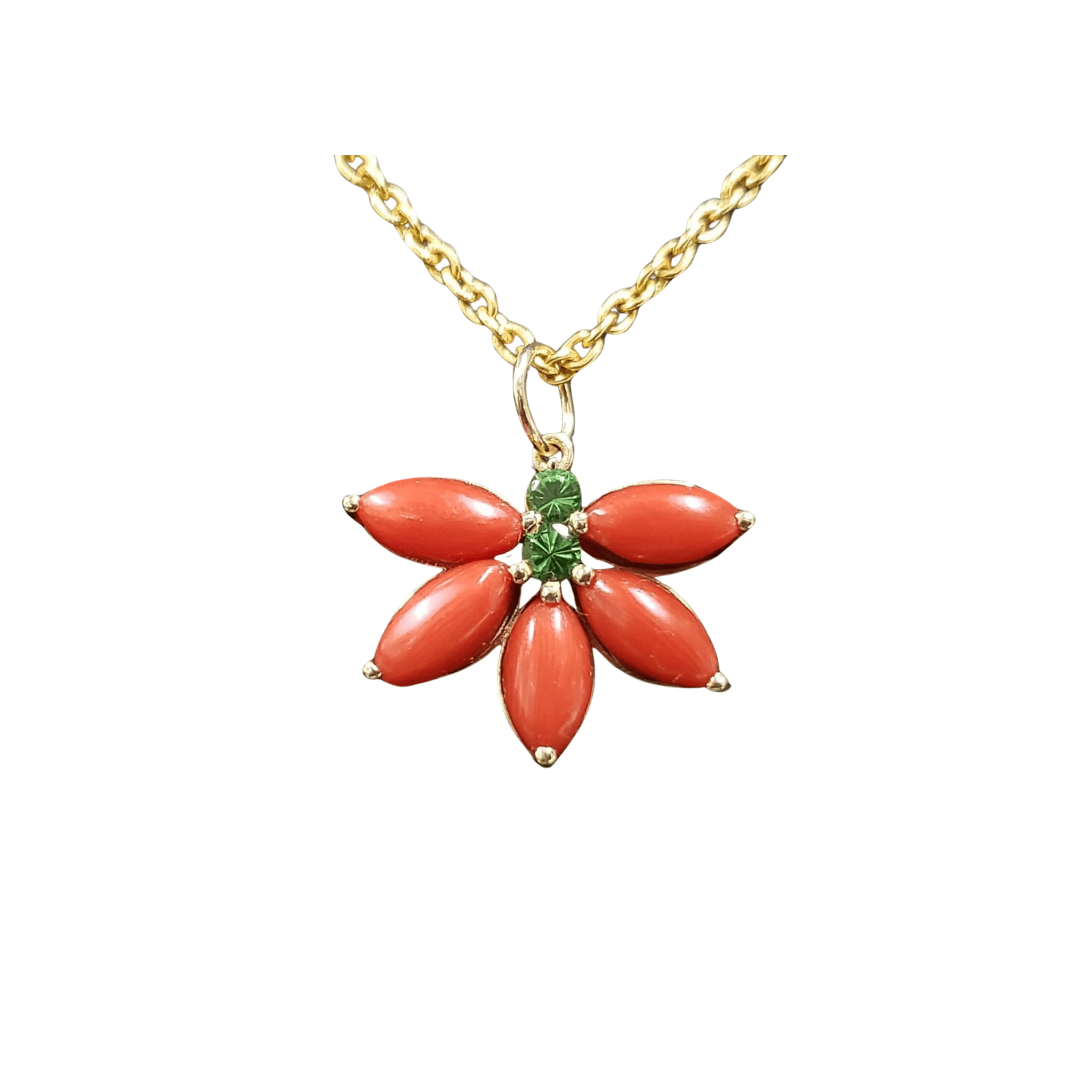 14k Gold Italian Marquise Coral & Tsavorite Floral Pendant