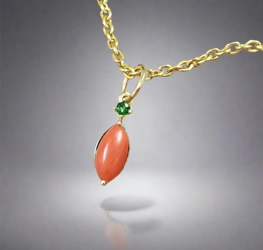 14k Gold Red Coral With Tsavorite Pendant