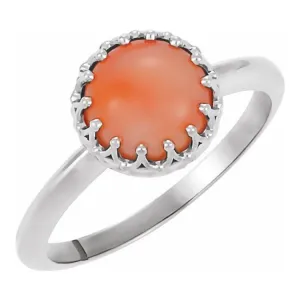 14K White 5 mm Natural Pink Coral Crown Cabochon Ring