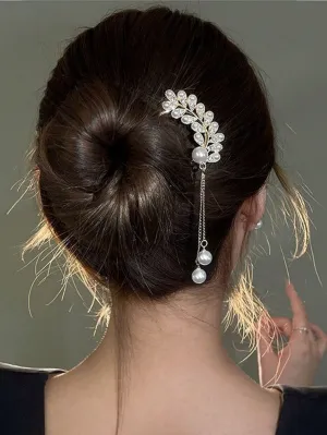 1pc Faux Pearl & Rhinestone & Tassel Decorated Hairpin With Imitated Pearl