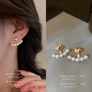 2022 New Elegant Metal Heart-Shaped Back Hanging Pearl Earrings Korean Fashion Jewelry For Woman Girls Multi Wearing Accessories