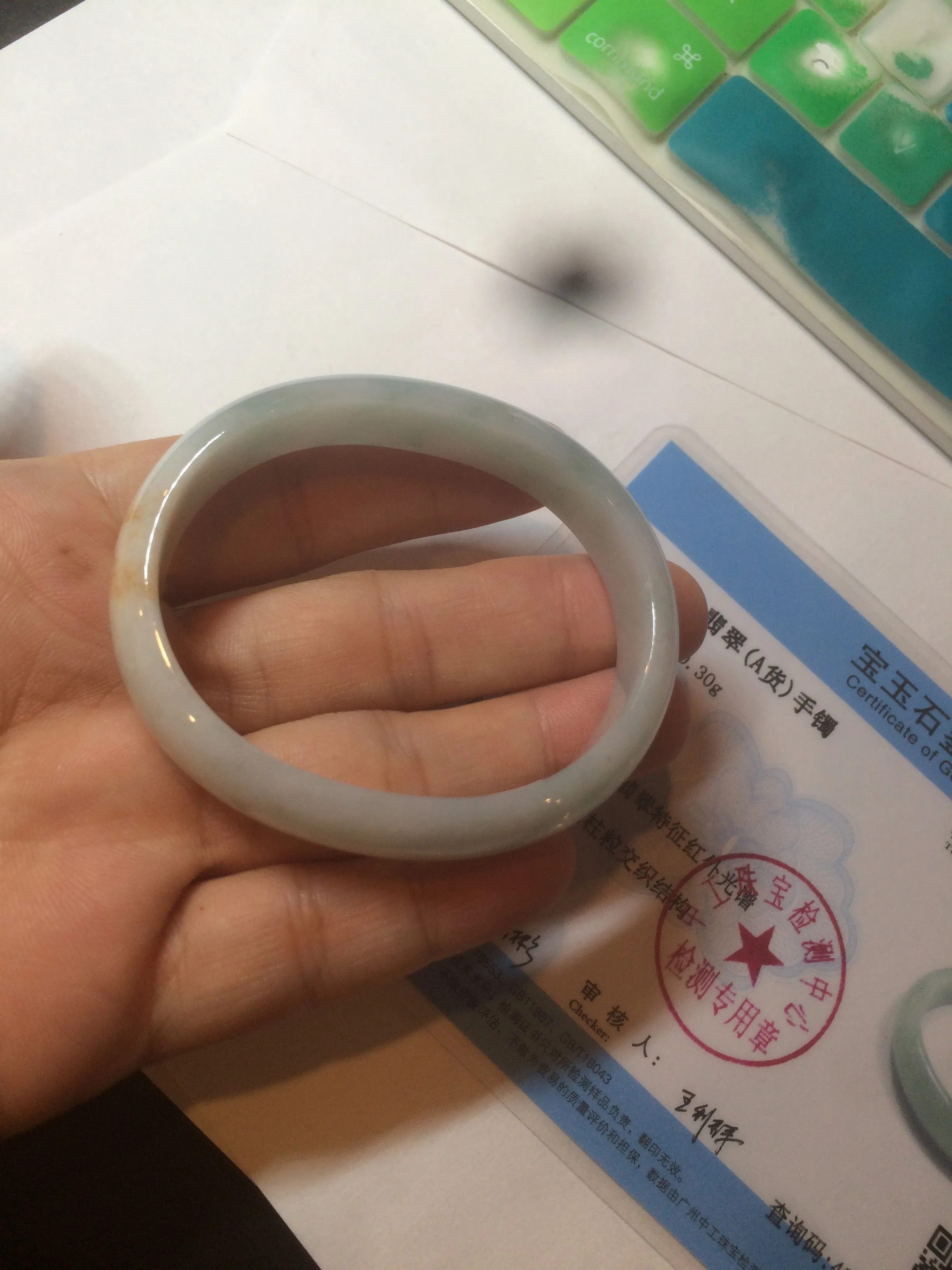 47mm Certified Type A 100% Natural light green/yellow Jadeite Jade oval bangle AJ69-0615