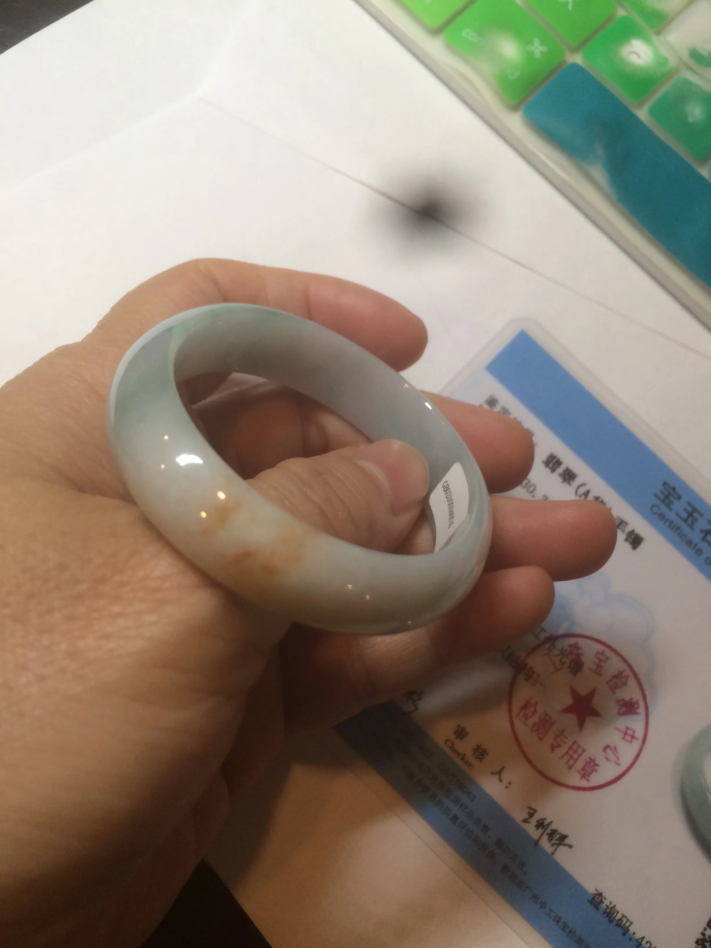 47mm Certified Type A 100% Natural light green/yellow Jadeite Jade oval bangle AJ69-0615