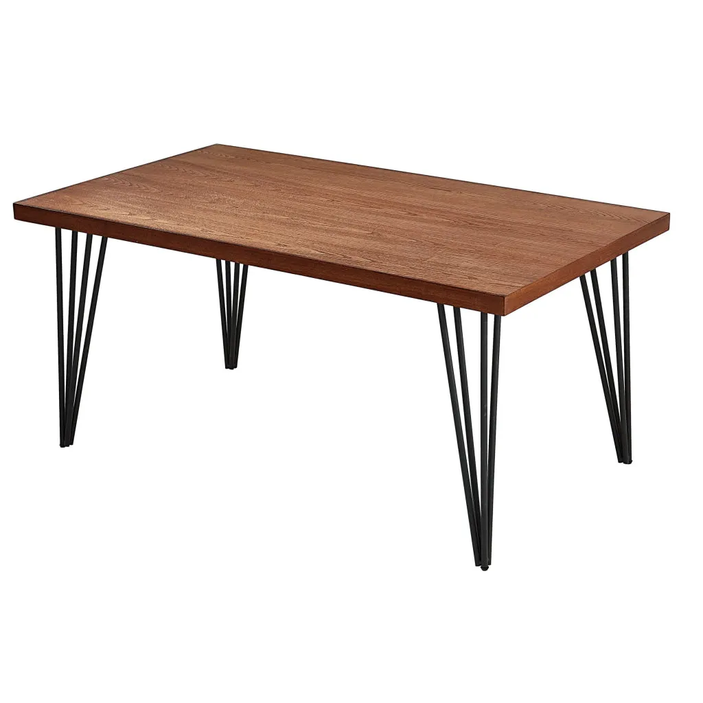 63 Inch Dining Table, Brown Rectangular Elm Veneer Top, Metal Black Legs By Casagear Home