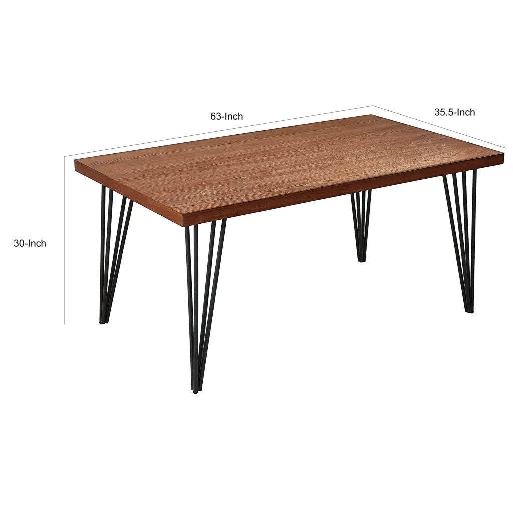63 Inch Dining Table, Brown Rectangular Elm Veneer Top, Metal Black Legs By Casagear Home
