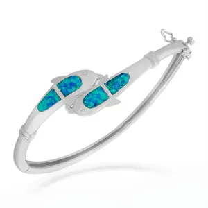 925 Sterling Silver Blue Turquoise-Tone Opal Dolphin Marine Bangle Bracelet