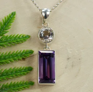 Amethyst and Quartz Sterling Silver Pendant; Genuine Untreated Brazilian Amethyst and Tanzanian Quartz; Amethyst Pendant