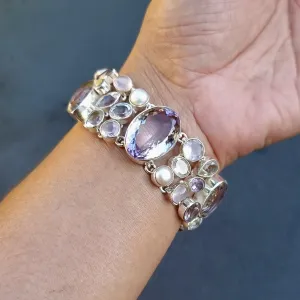 Amethyst, Pearl, Rose Quartz, Clear Quartz Multi Stone 925 Silver Bracelet, AMEBL1