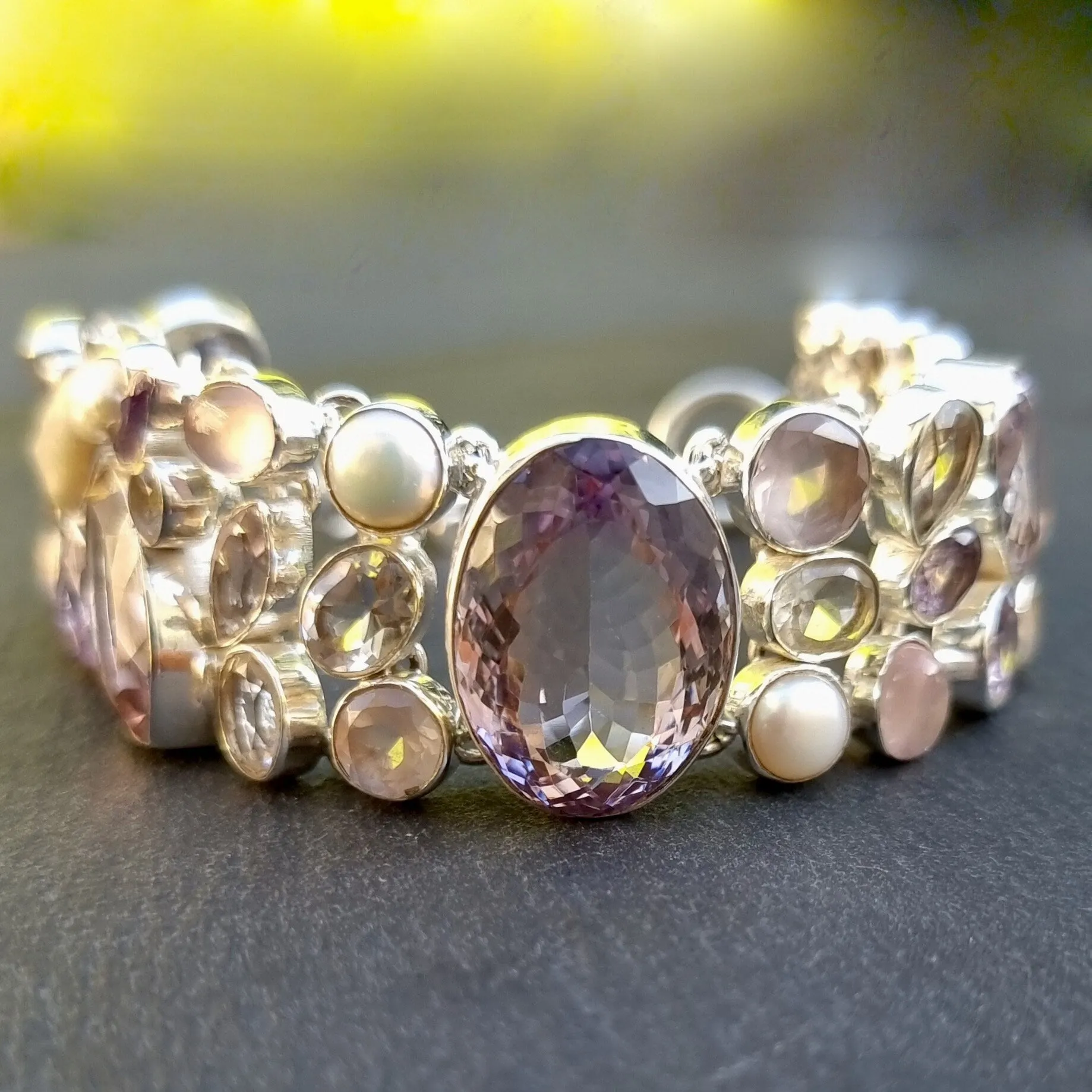 Amethyst, Pearl, Rose Quartz, Clear Quartz Multi Stone 925 Silver Bracelet, AMEBL1