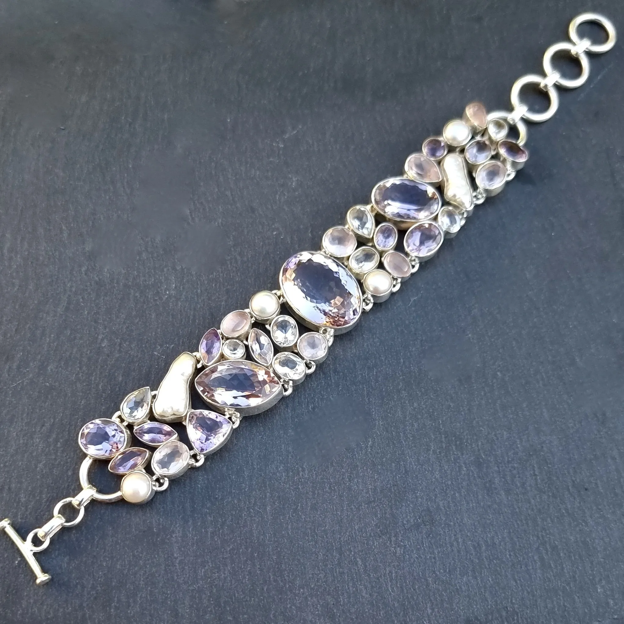 Amethyst, Pearl, Rose Quartz, Clear Quartz Multi Stone 925 Silver Bracelet, AMEBL1