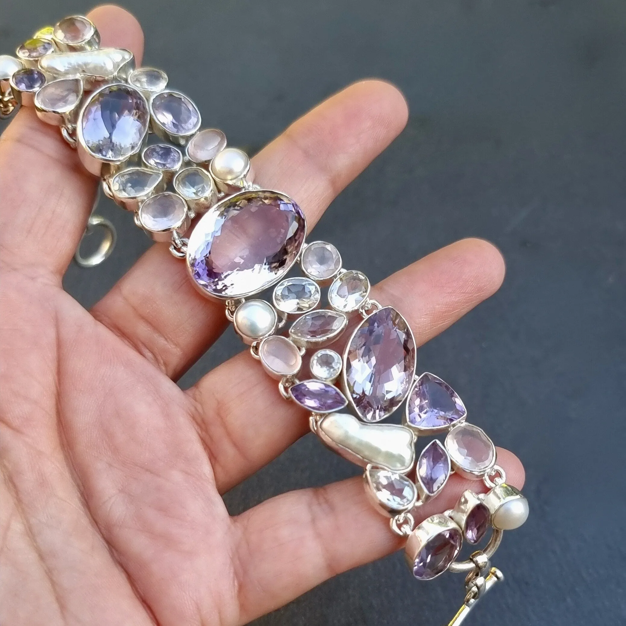 Amethyst, Pearl, Rose Quartz, Clear Quartz Multi Stone 925 Silver Bracelet, AMEBL1