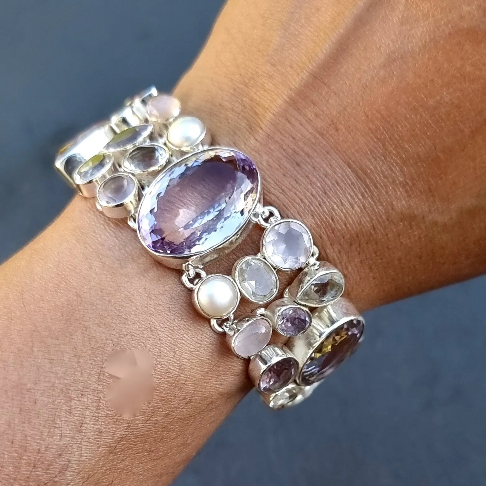 Amethyst, Pearl, Rose Quartz, Clear Quartz Multi Stone 925 Silver Bracelet, AMEBL1