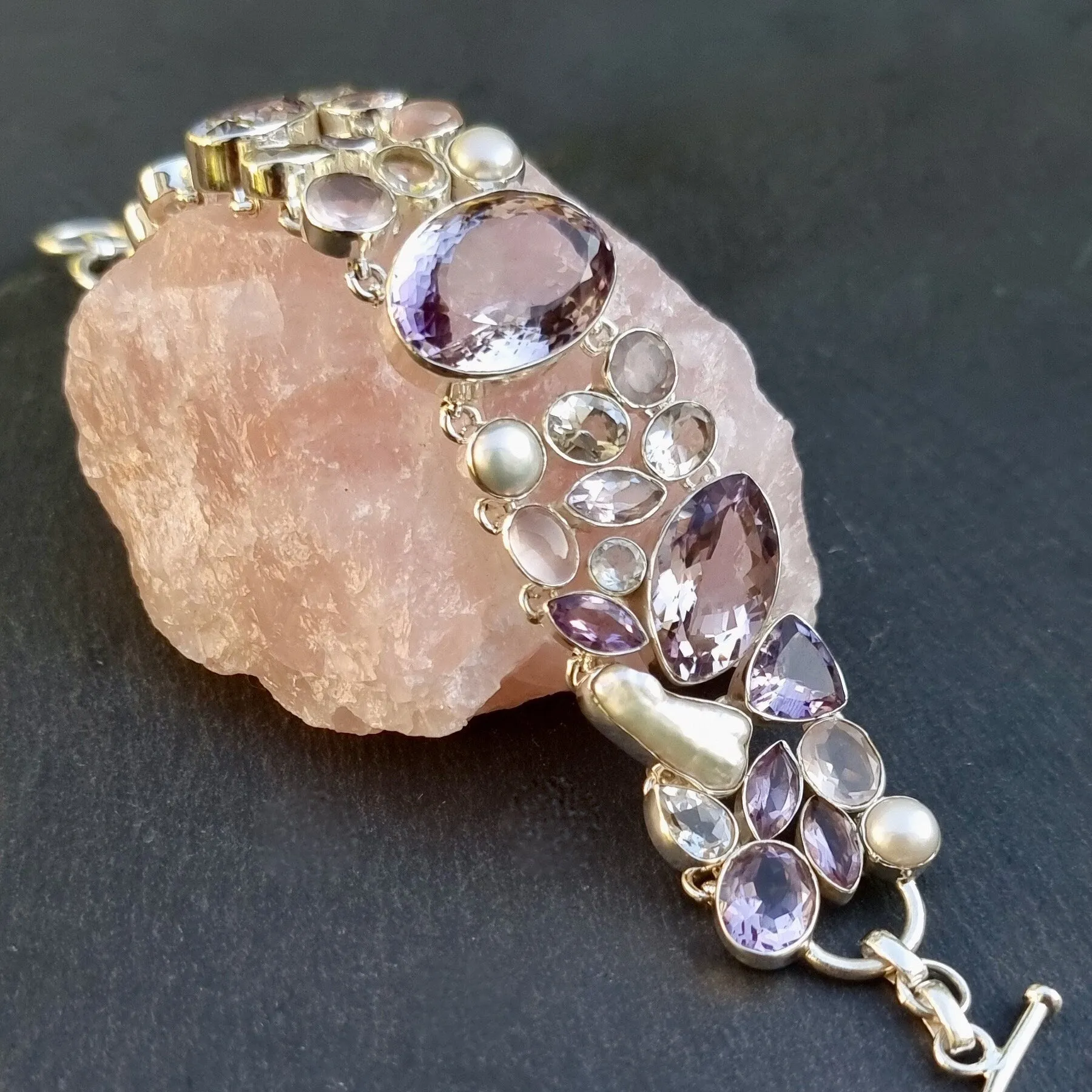 Amethyst, Pearl, Rose Quartz, Clear Quartz Multi Stone 925 Silver Bracelet, AMEBL1