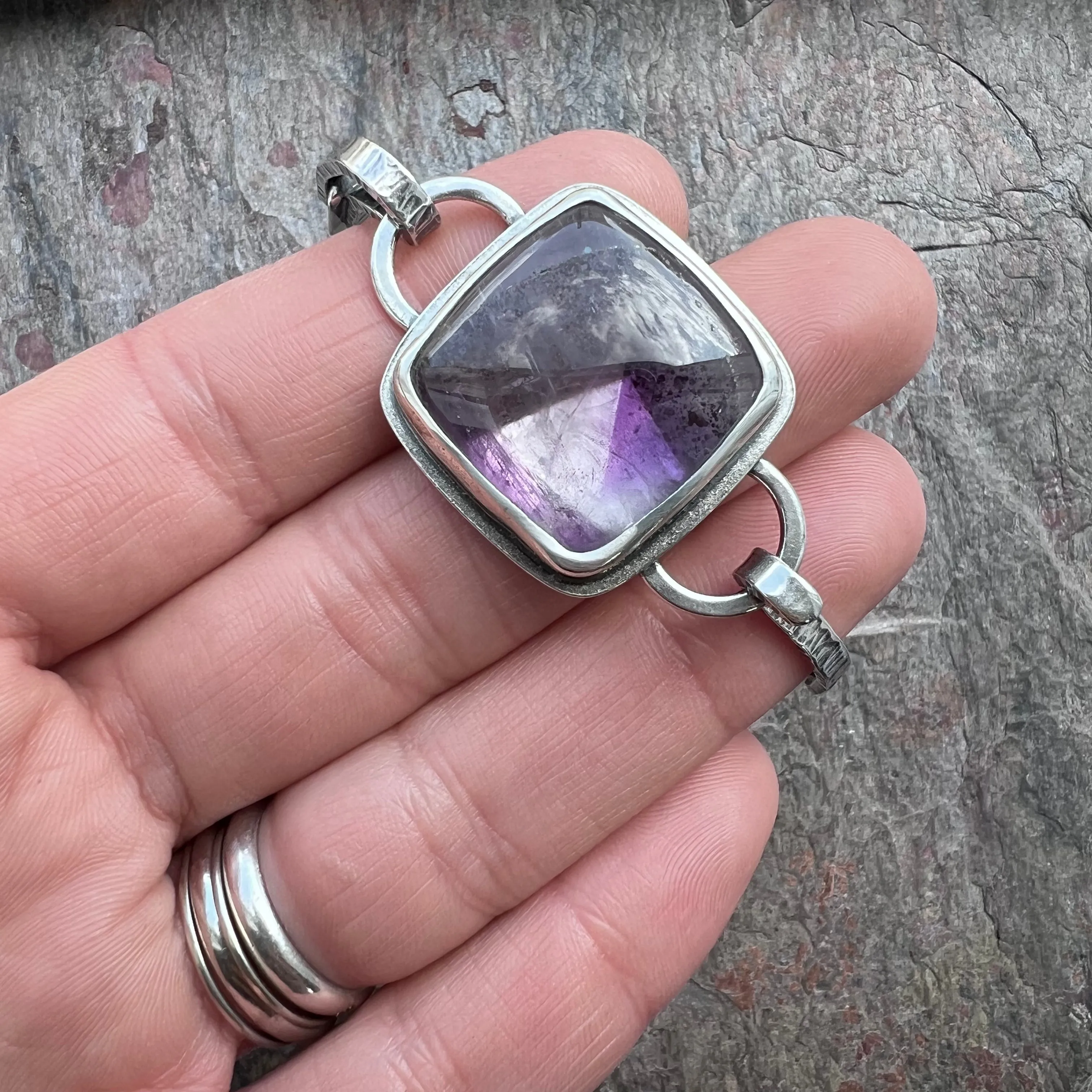 Amethyst Sterling Silver Bracelet - Handmade One-of-a-kind Tension Cuff Bracelet