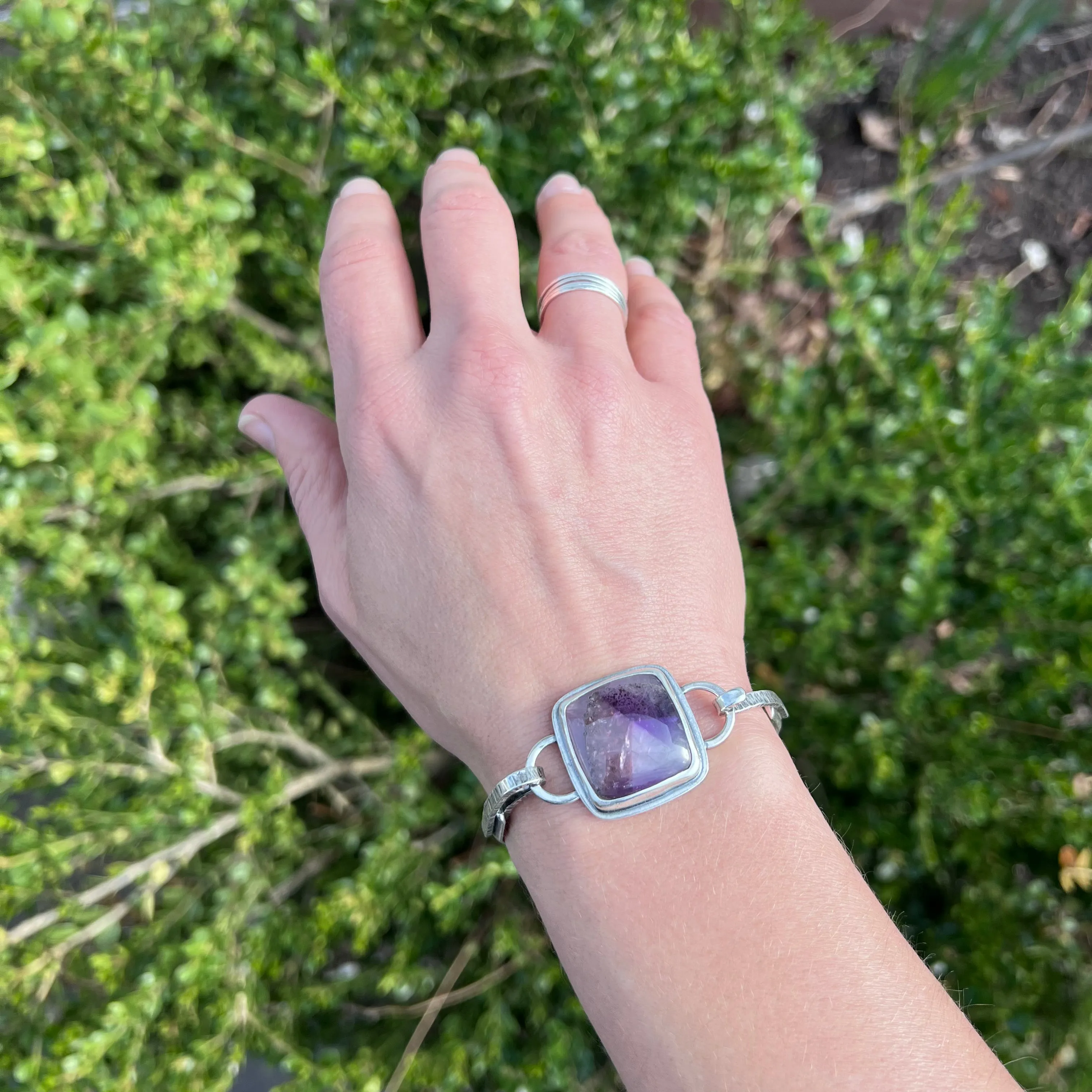 Amethyst Sterling Silver Bracelet - Handmade One-of-a-kind Tension Cuff Bracelet