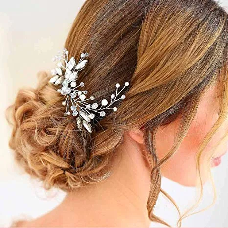 Antique Silver Marquise Crystal Pearl Bridal Vine Hairpin