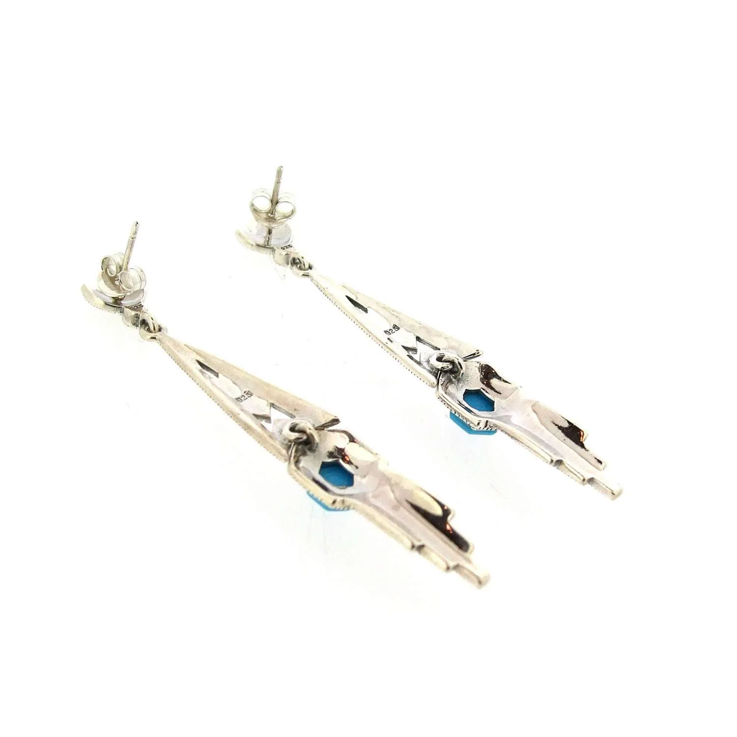 Art Deco Earrings Blue Turquoise Silver Marcasite