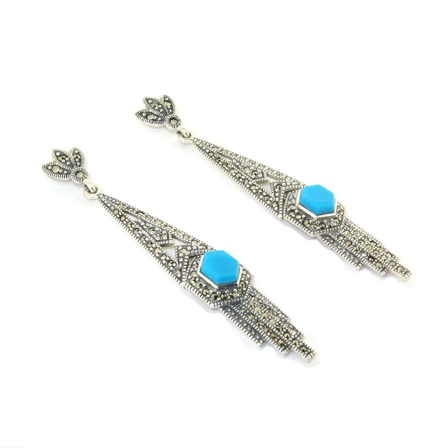 Art Deco Earrings Blue Turquoise Silver Marcasite