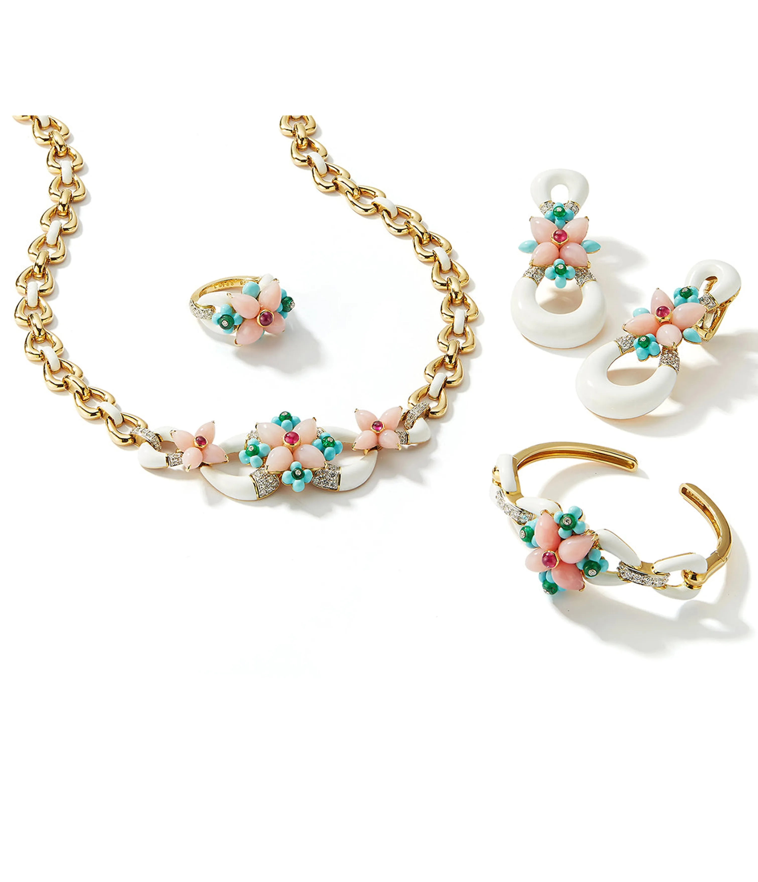 Asheville Bracelet, White Enamel, Pink Opal, Diamonds
