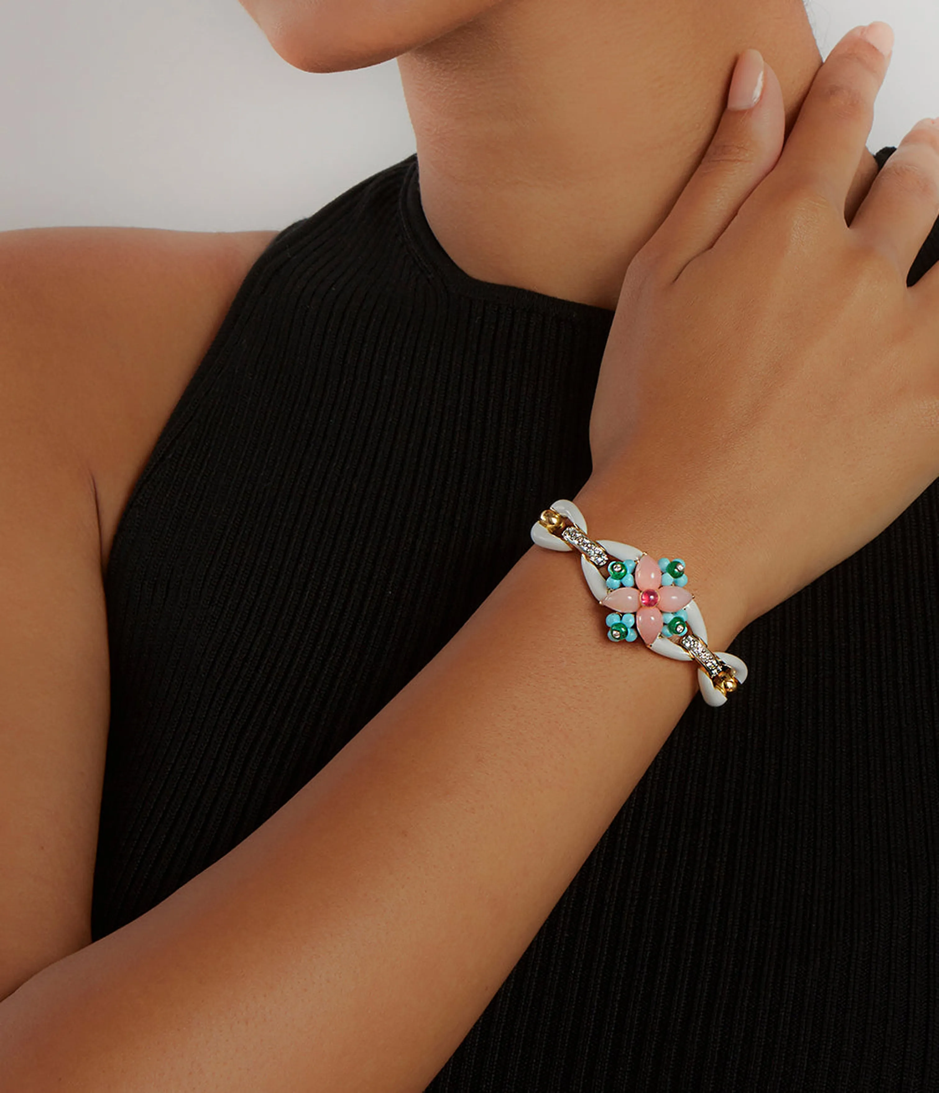 Asheville Bracelet, White Enamel, Pink Opal, Diamonds