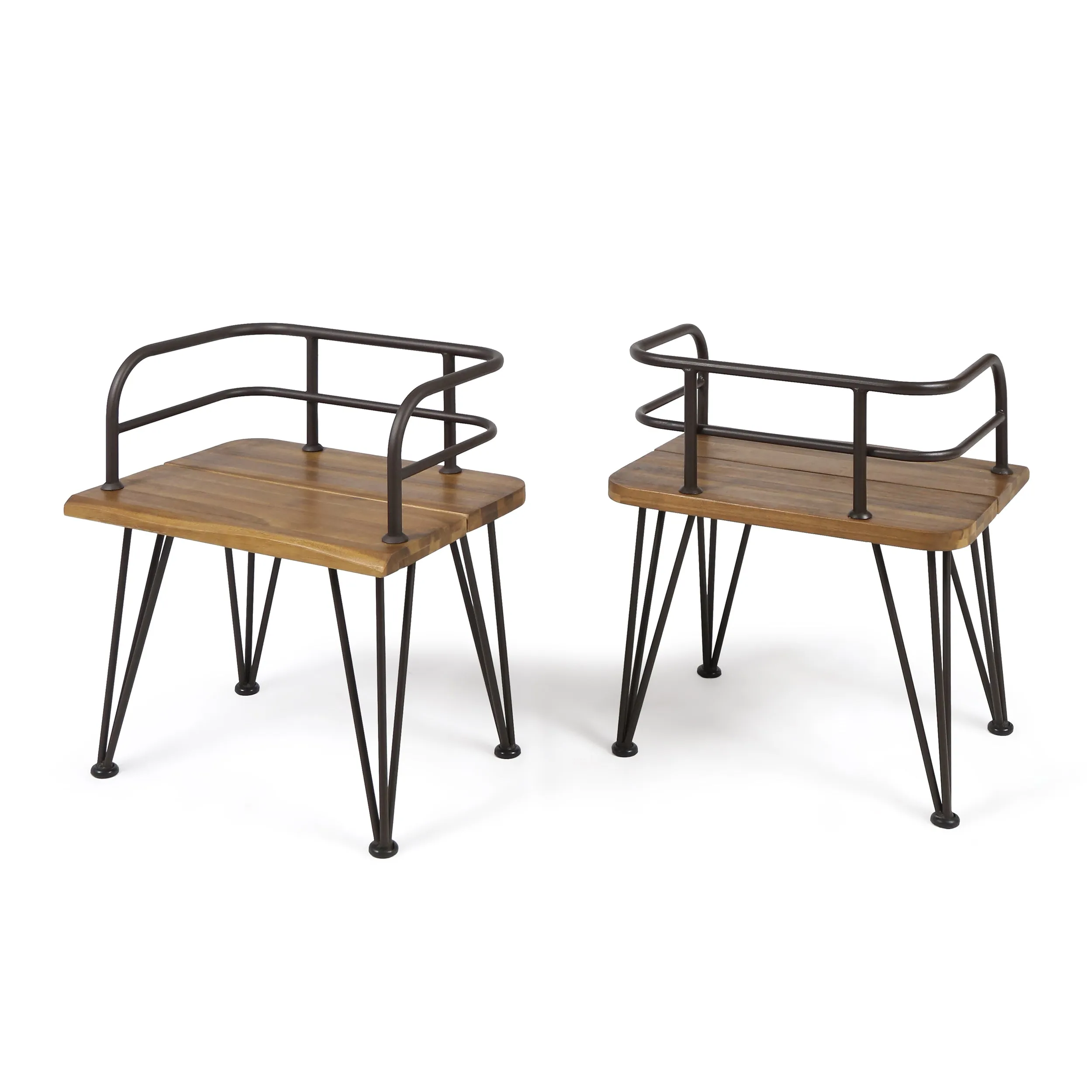 Avy Outdoor Rustic Industrial Acacia Wood Chairs with Metal Hairpin Legs (Set of 2), Teak