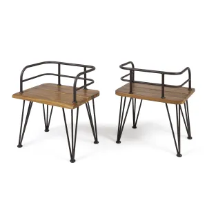 Avy Outdoor Rustic Industrial Acacia Wood Chairs with Metal Hairpin Legs (Set of 2), Teak