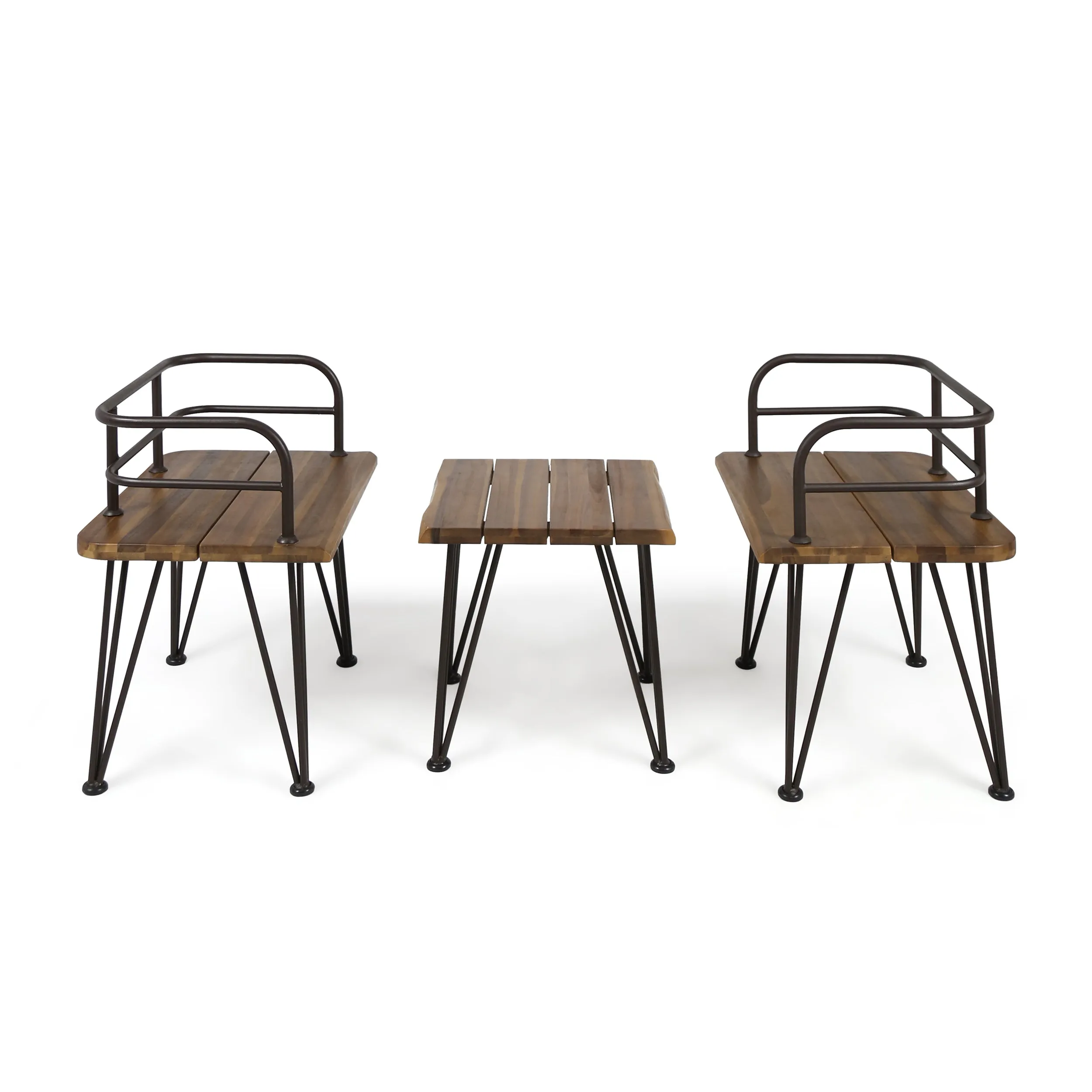 Avy Outdoor Rustic Industrial Acacia Wood End Table Chat with Metal Hairpin Legs, Teak