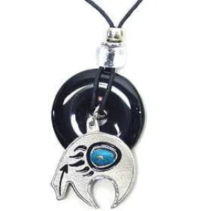 Bear Fetish Adjustable Cord Necklace with Onyx Colored Disc