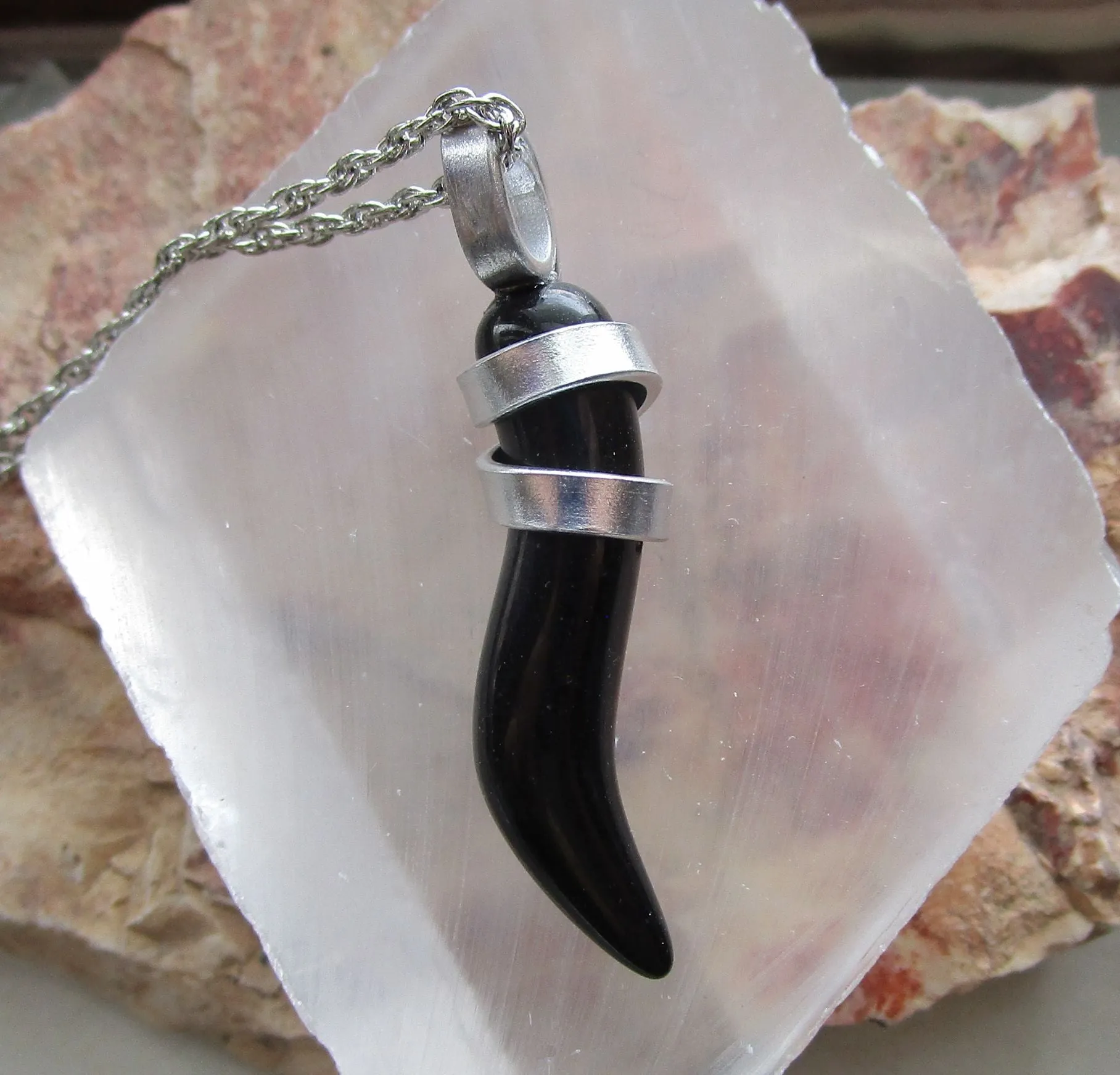 Black Onyx Little Horn Cornicello Wire Wrapped Pendant Necklace