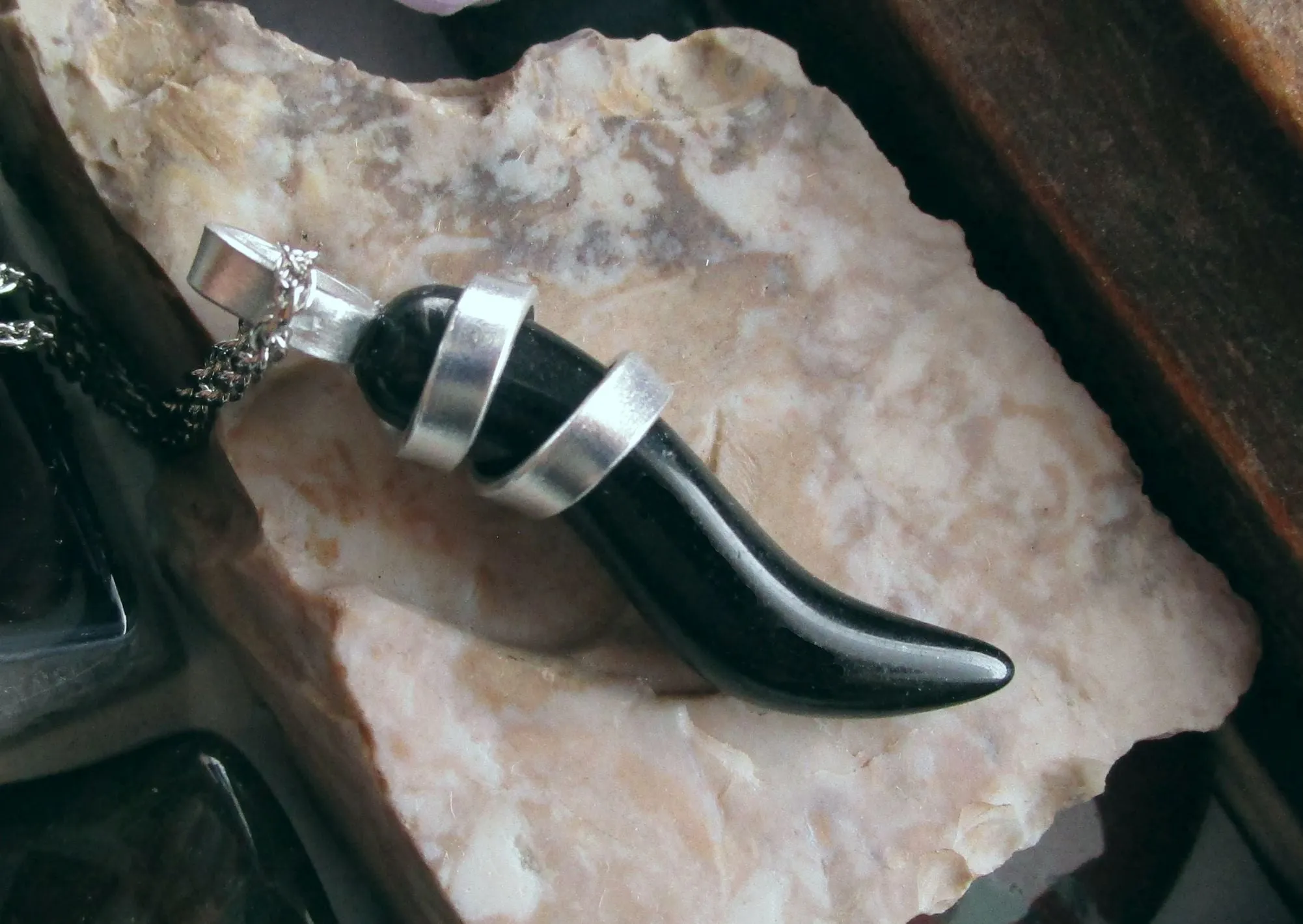 Black Onyx Little Horn Cornicello Wire Wrapped Pendant Necklace