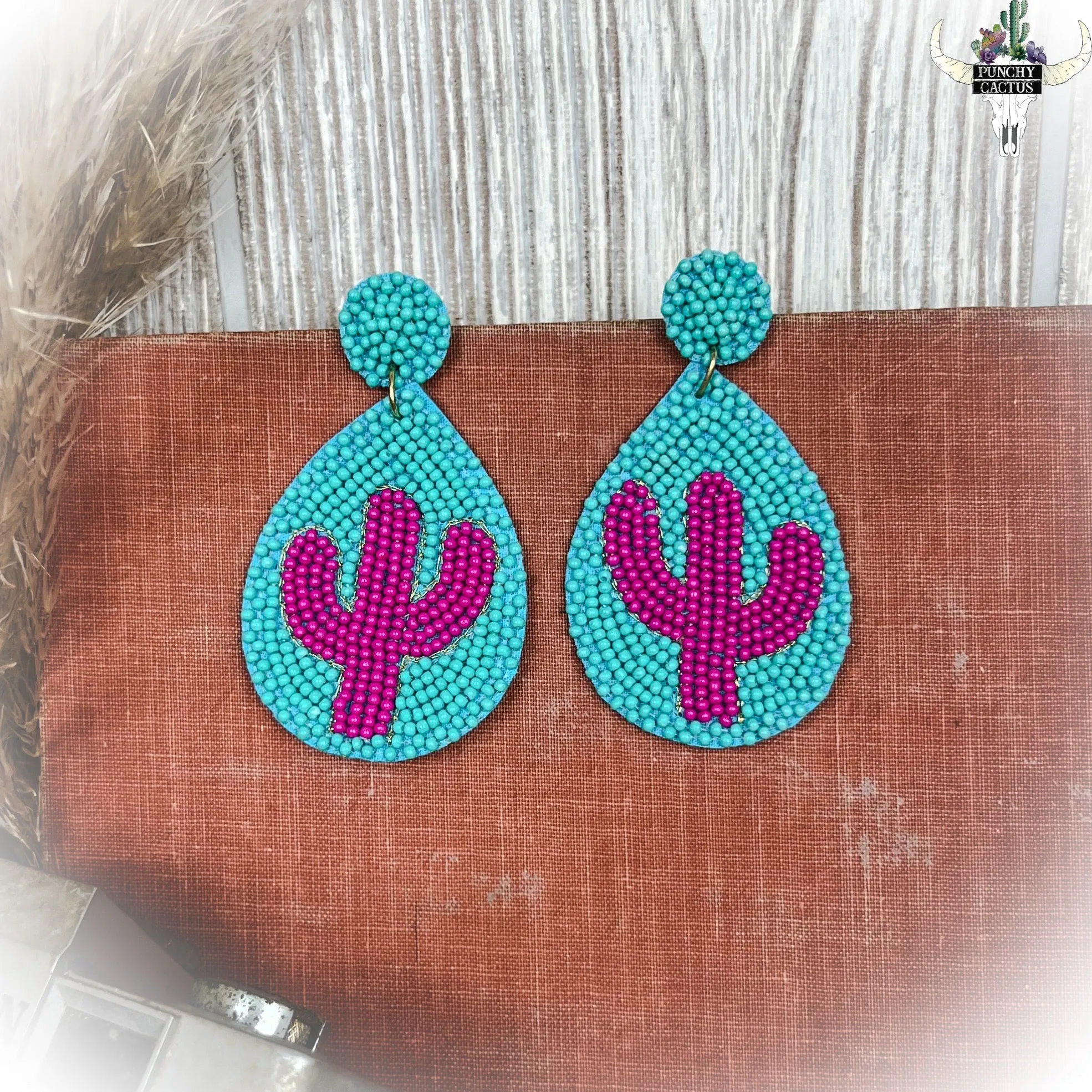 Cactus Beaded Earrings - Turquoise & Hot Pink
