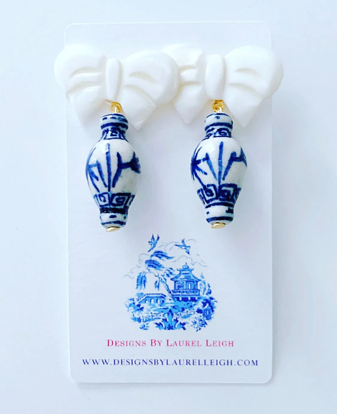 Chinoiserie Ginger Jar Bow Earrings - Blue & White