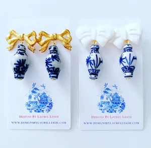 Chinoiserie Ginger Jar Bow Earrings - Blue & White