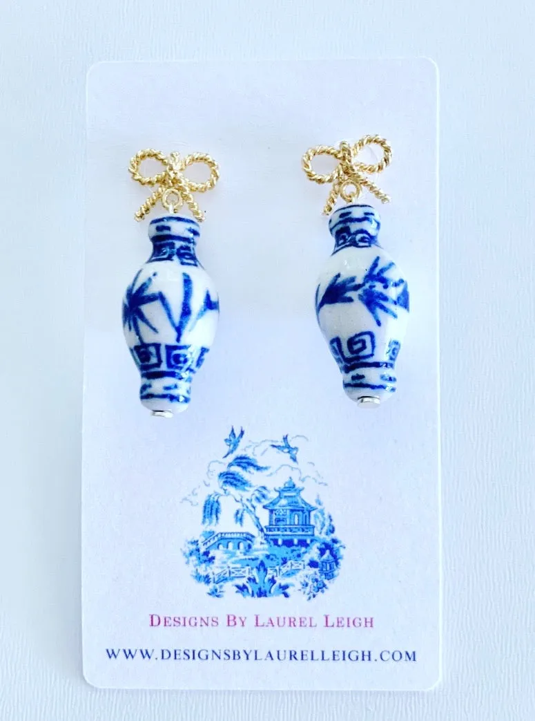 Chinoiserie Ginger Jar Bow Earrings - Blue & White