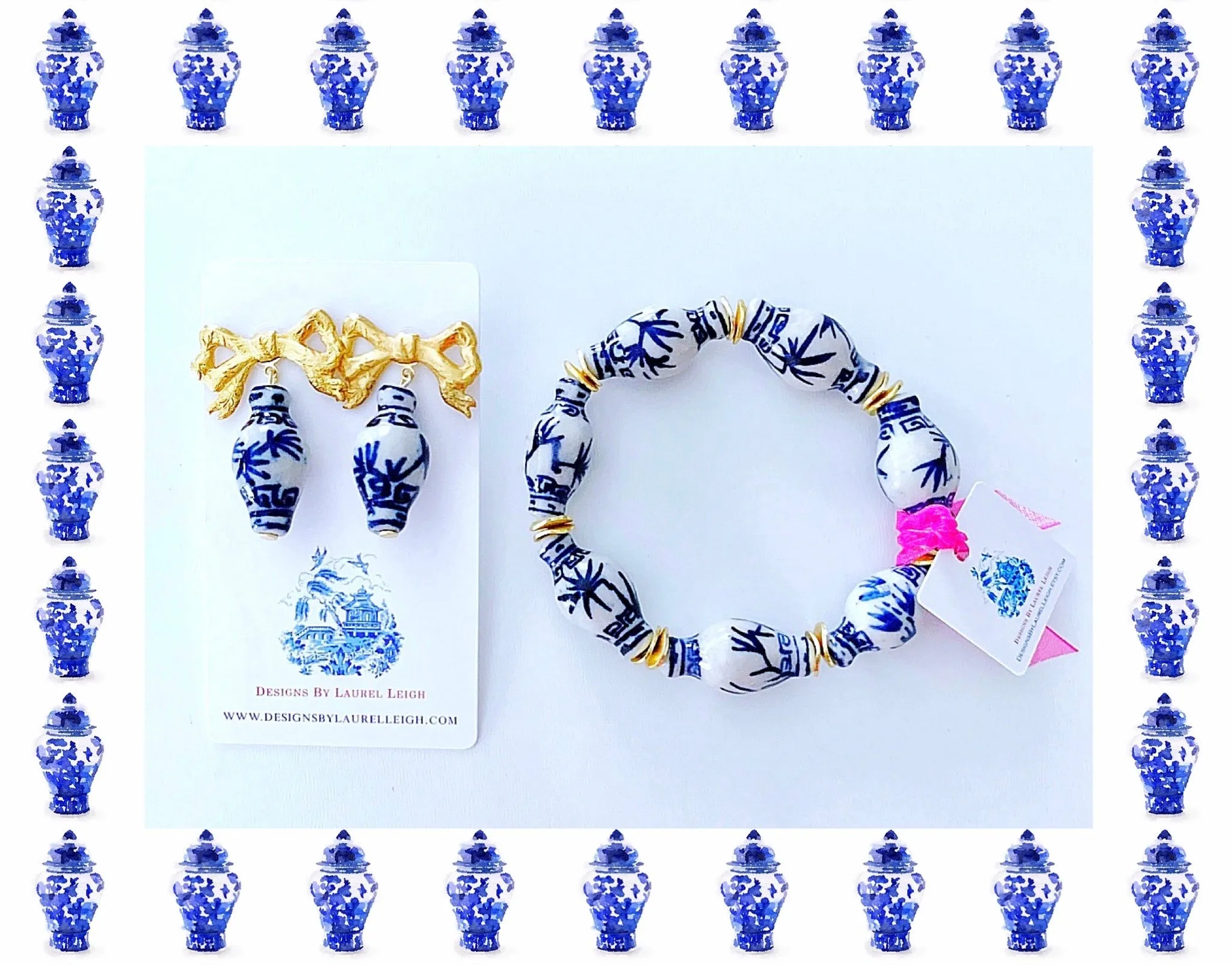 Chinoiserie Ginger Jar Bow Earrings - Blue & White
