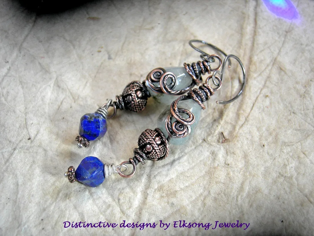 Copper Coils Earrings, Aquamarine, Lapis, Ornate Copper Beads