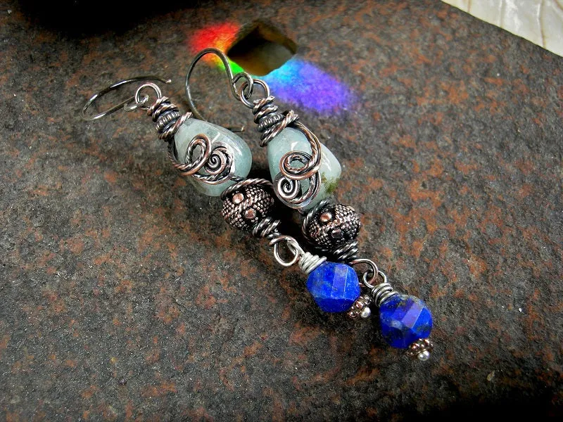 Copper Coils Earrings, Aquamarine, Lapis, Ornate Copper Beads