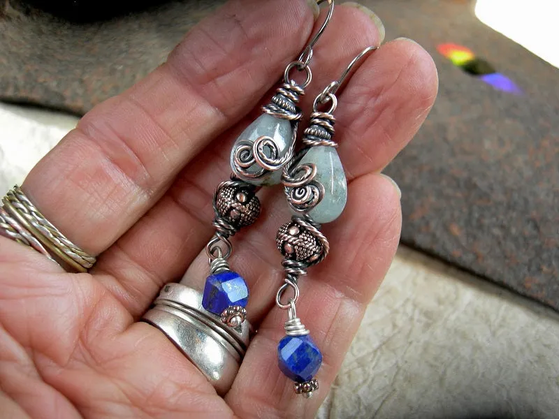 Copper Coils Earrings, Aquamarine, Lapis, Ornate Copper Beads