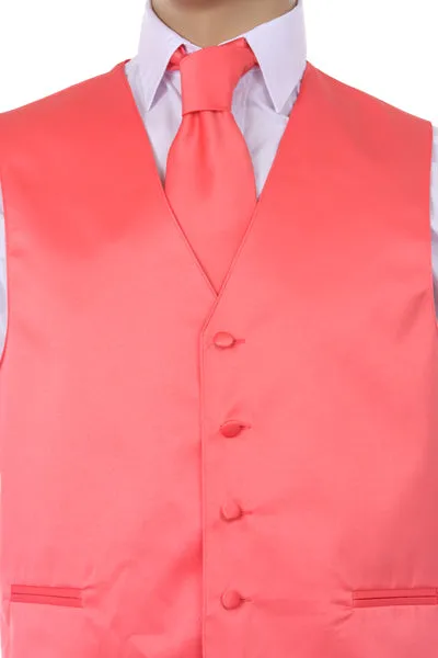 Coral Men's Plain Satin Vest, Solid Colors With Tie Set