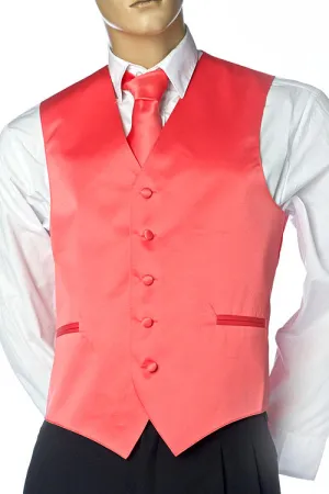 Coral Men's Plain Satin Vest, Solid Colors With Tie Set