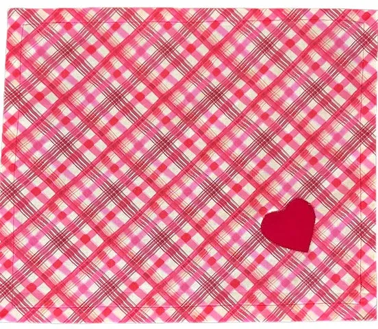 Coral Plaid Heart Applique Linen Napkins (Set of 4)