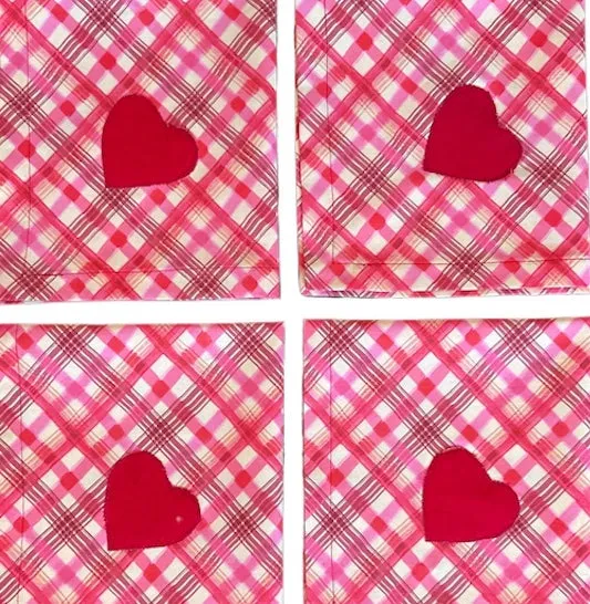 Coral Plaid Heart Applique Linen Napkins (Set of 4)