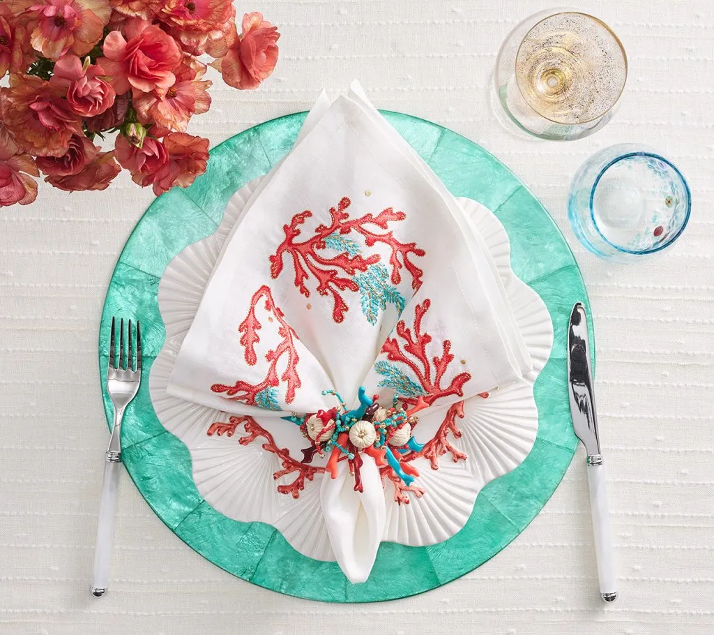 Coral Spray Napkin in White, Coral & Turquoise, Set of 4