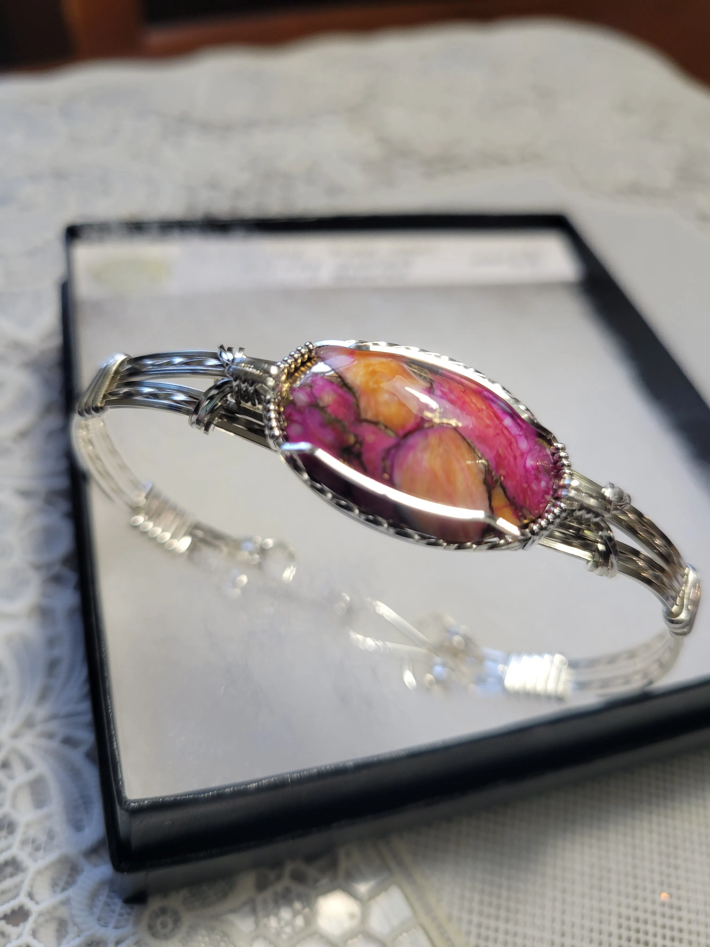 Custom Cut Polished & Wire Wrapped Peruvian Pink Opal Spiney Oyster & Bronze Bracelet Size 6 3/4 Sterling Silver