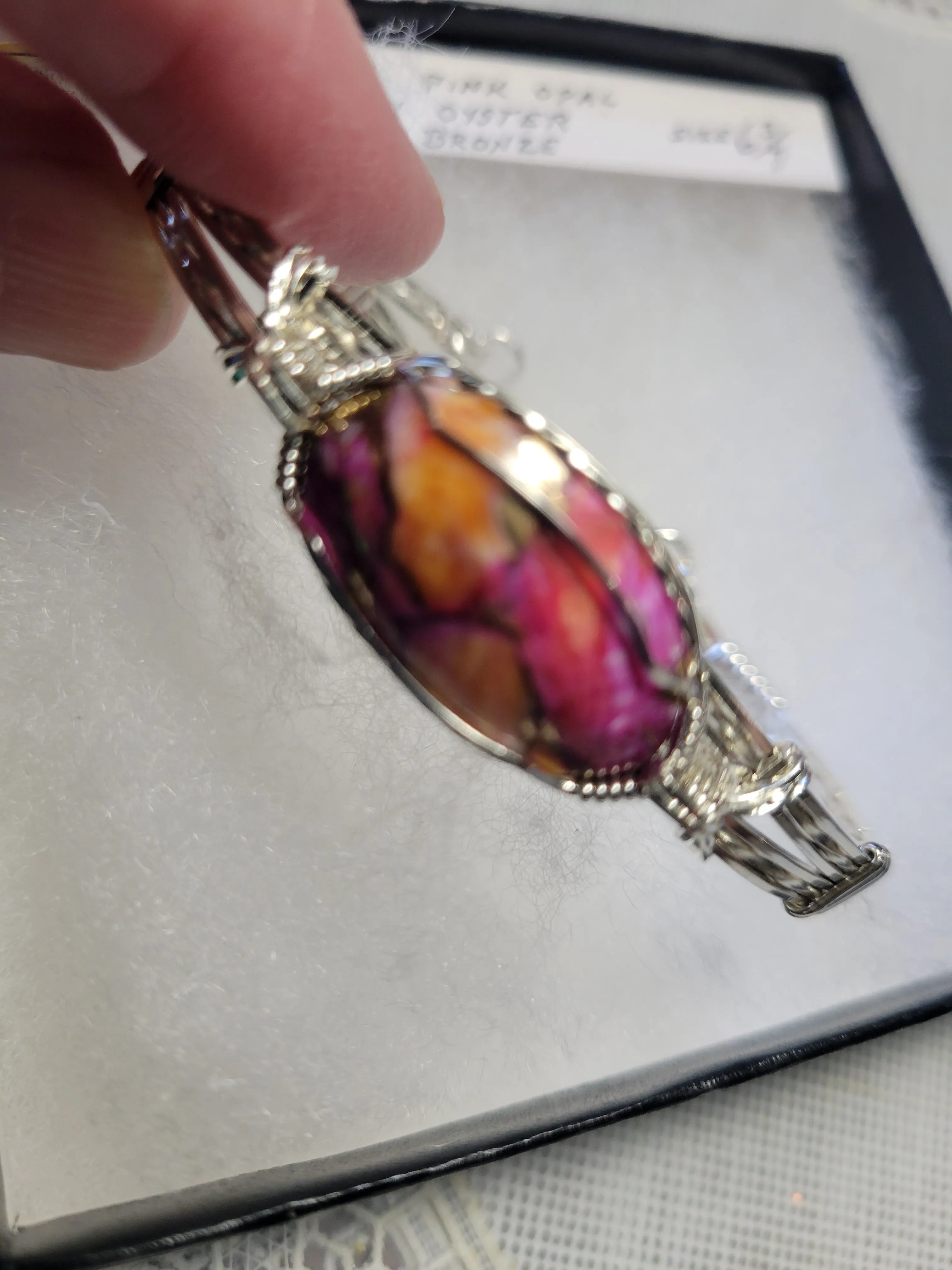Custom Cut Polished & Wire Wrapped Peruvian Pink Opal Spiney Oyster & Bronze Bracelet Size 6 3/4 Sterling Silver