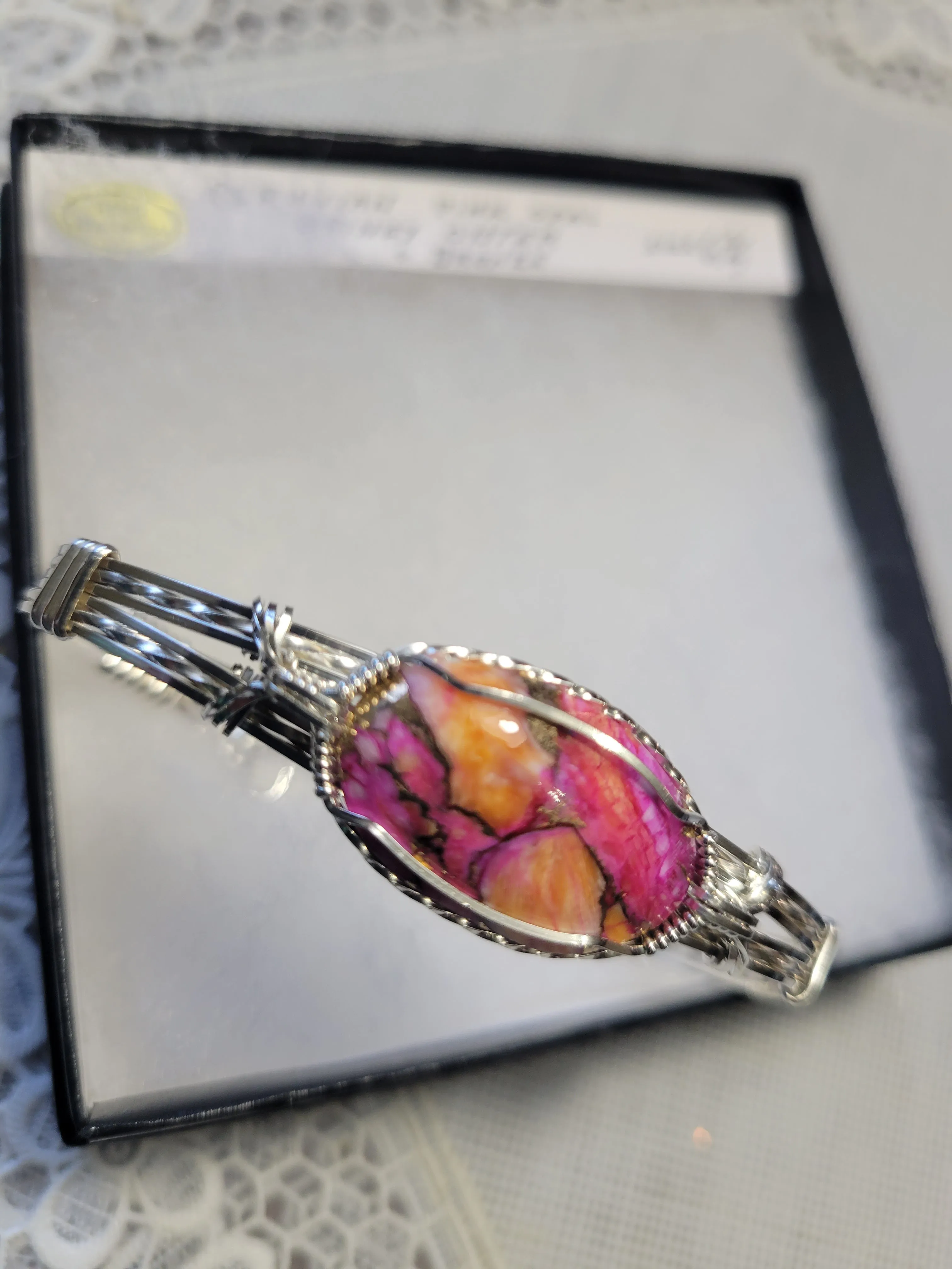Custom Cut Polished & Wire Wrapped Peruvian Pink Opal Spiney Oyster & Bronze Bracelet Size 6 3/4 Sterling Silver