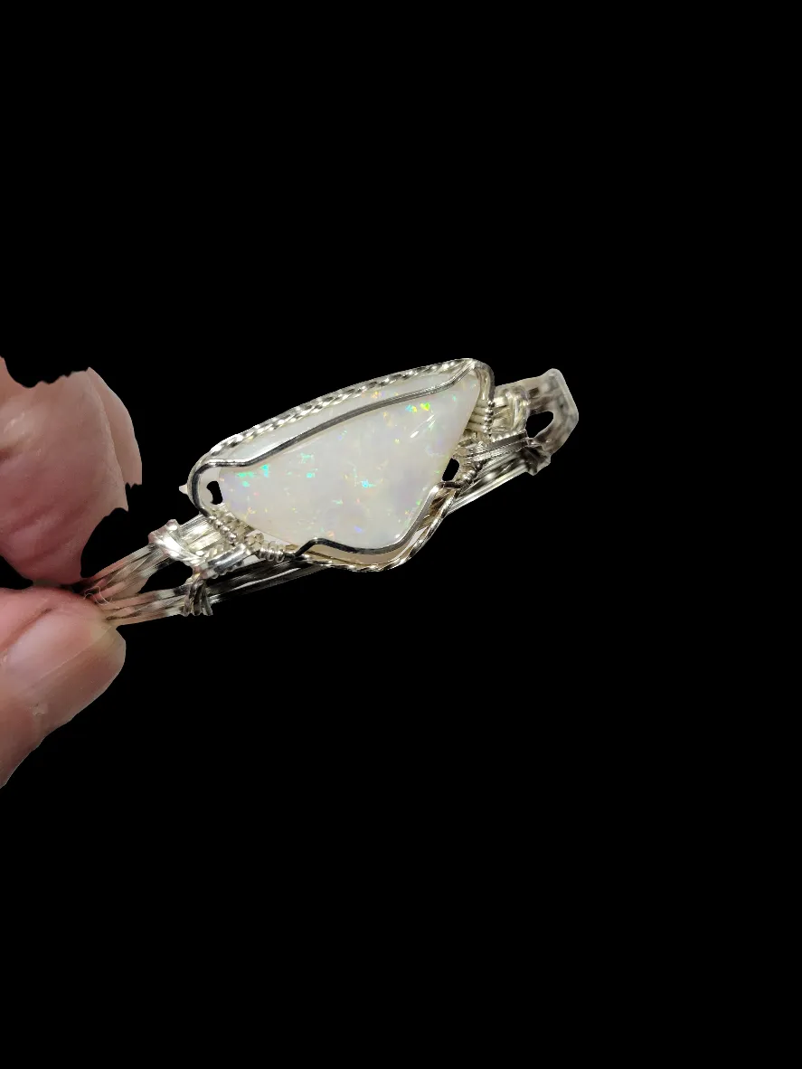 Custom Wire Wrapped Lightning Ridge Australian Opal Bracelet Size 6 1/4  Sterling Silver