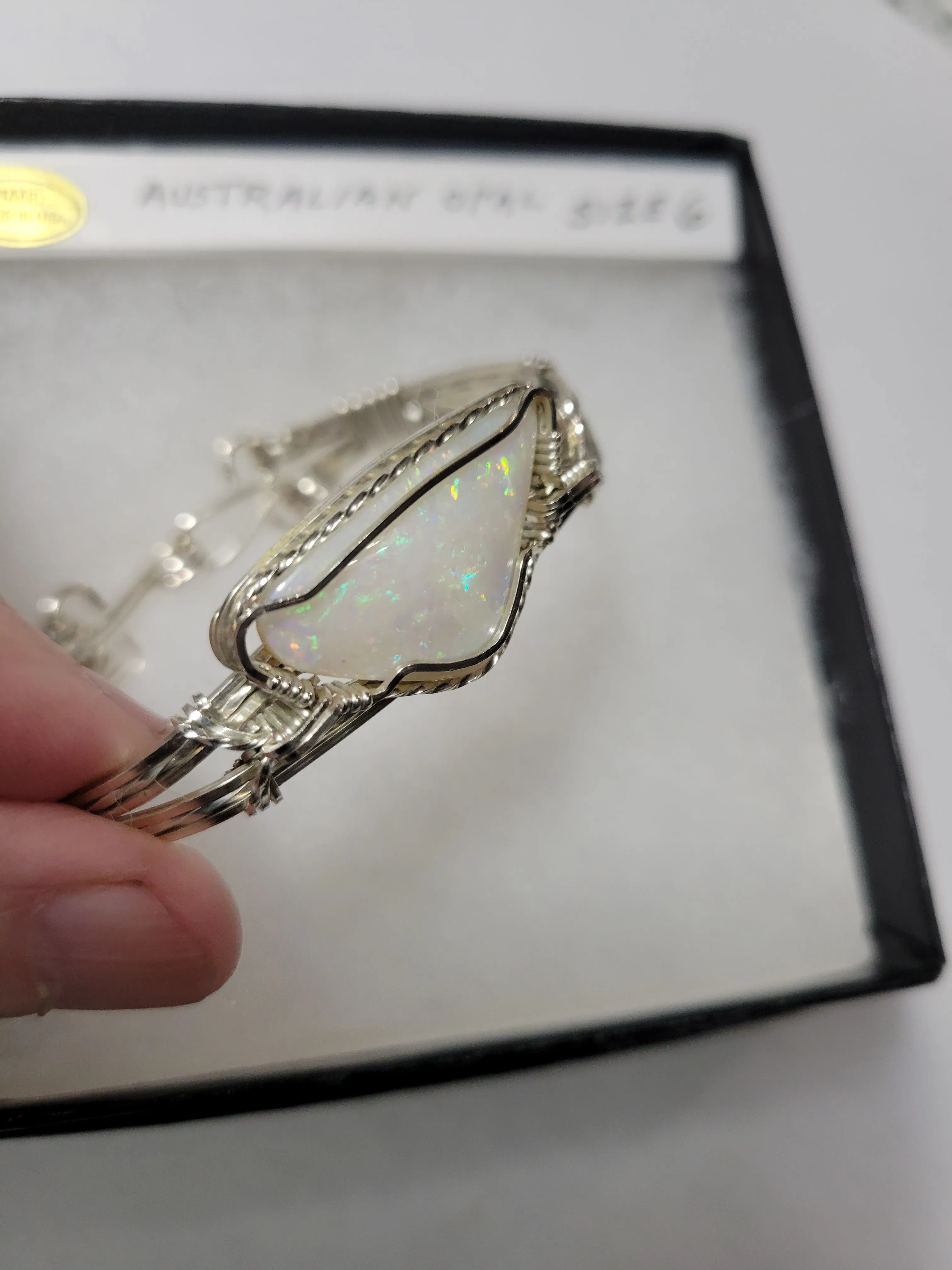 Custom Wire Wrapped Lightning Ridge Australian Opal Bracelet Size 6 1/4  Sterling Silver